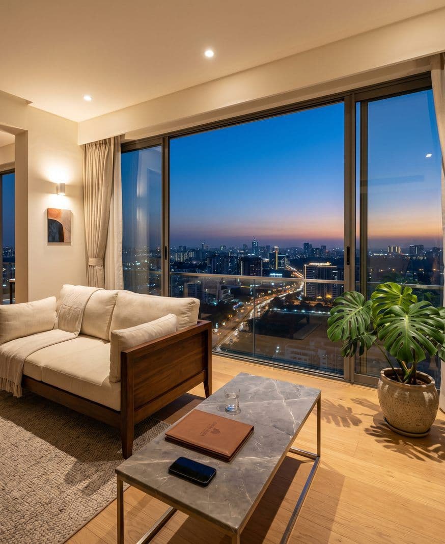 A furnished Sumadhura apartment living room looking out over the city skyline at dusk