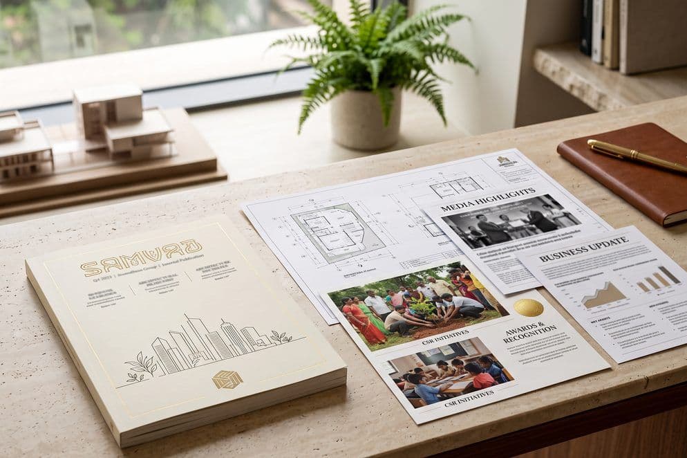 The printed Samvad newsletter laid out on a desk beside an architectural model